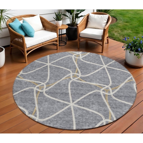 Homeroots 8' Gray And Ivory Round Geometric Washable Indoor Outdoor Area Rug 612877 - main