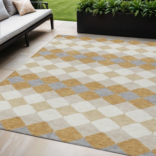 Homeroots 5' X 8' Gold Copper And Ivory Geometric Washable Indoor Outdoor Area Rug 597897 - main