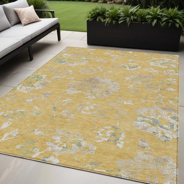 Homeroots 5' X 8' Gold Beige And Fern Green Floral Washable Indoor Outdoor Area Rug 589465 - main