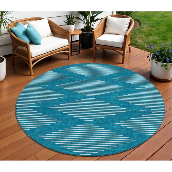 Homeroots 8' Teal Blue And Ivory Round Geometric Washable Indoor Outdoor Area Rug 598624 - main