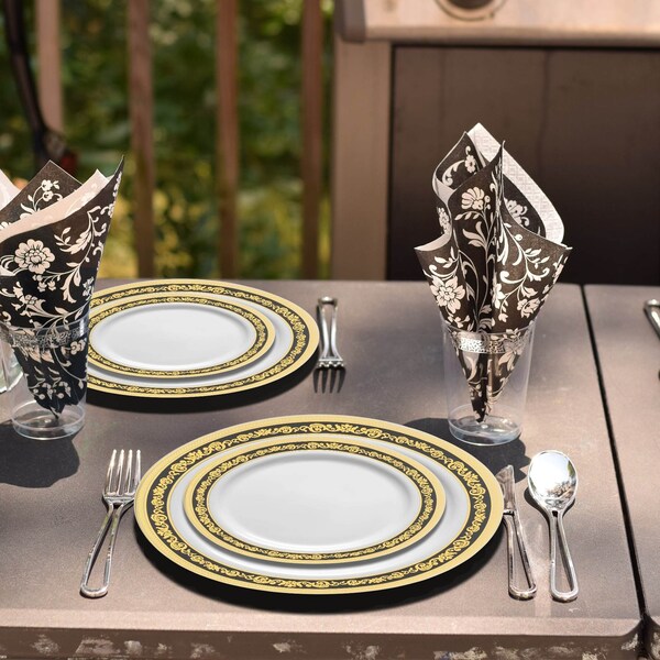 Smarty Had A Party 10.25" White with Black and Gold Royal Rim Plastic Dinner Plates (120 Plates), 120PK 970BG-CASE - main