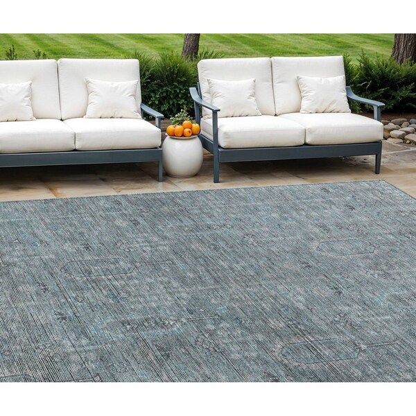 Homeroots 9' X 12' Teal Blue And Gray Southwestern Washable Indoor Outdoor Area Rug 587090 - main