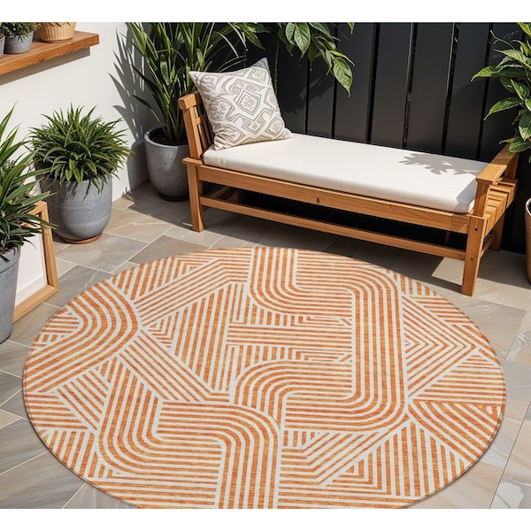 Homeroots 8' Orange And Ivory Round Abstract Washable Indoor Outdoor Area Rug 594949 - main