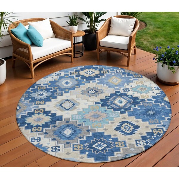 Homeroots 8' Blue Beige And Sky Blue Round Southwestern Washable Indoor Outdoor Area Rug 632259 - main