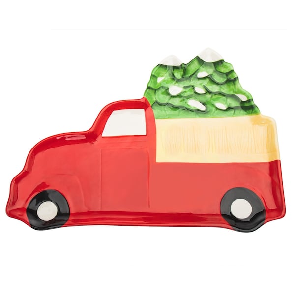 Homeroots 18in Green and Red Red Truck Porcelain China Christmas Serving Tray 517550 - main