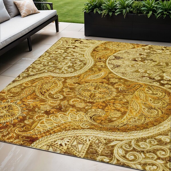 Homeroots 5' X 8' Terra Cotta Brown And Gold Floral Medallion Washable Indoor Outdoor Area Rug 603204 - main