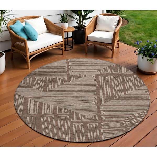 Homeroots 8' Brown And Ivory Round Geometric Washable Indoor Outdoor Area Rug 600806 - main