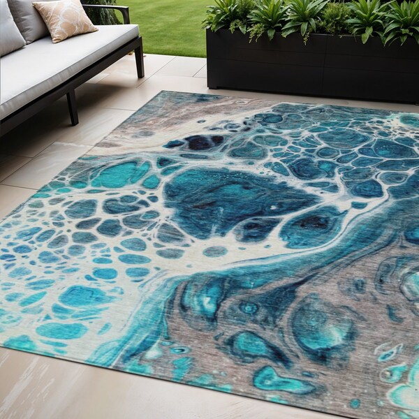 Homeroots 5' X 8' Teal Blue And Navy Blue Nautical Washable Indoor Outdoor Area Rug 581510 - main