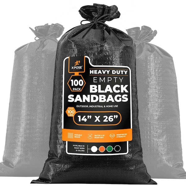 Xpose Safety Woven Poly Sand Bags for Flooding, 14 x 26 Heavy Duty 100 lb WL, Empty, Black, Pack of 100, 100PK SBB-HVY-1426-100-X-S - main