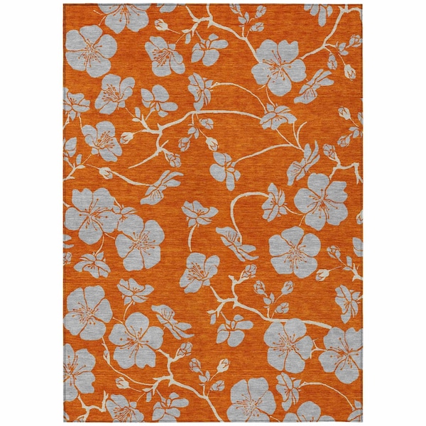 Homeroots 3' X 5' Orange And Gray Floral Washable Indoor Outdoor Area Rug 600030 - main