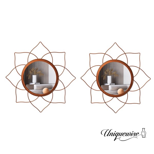 Uniquewise Pack of 2 Decorative 12.25-inch Flower Shape Rose Gold Metal Frame Mirror - Perfect for Living QI004581.2 - main