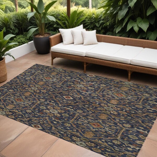 Homeroots 8' X 10' Navy Blue Brown And Red Floral Washable Indoor Outdoor Area Rug 604604 - main