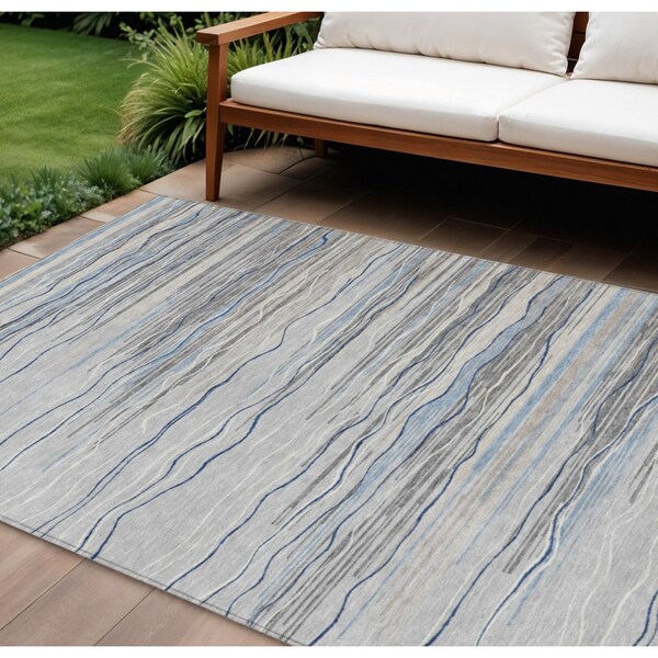 Homeroots 3' X 5' Gray Silver And Blue Striped Washable Indoor Outdoor Area Rug 597247 - main