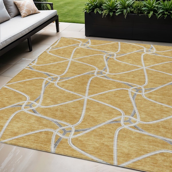Homeroots 5' X 8' Gold And Ivory Geometric Washable Indoor Outdoor Area Rug 612870 - main