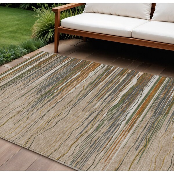 Homeroots 10' X 14' Taupe Copper And Green Striped Washable Indoor Outdoor Area Rug 597300 - main