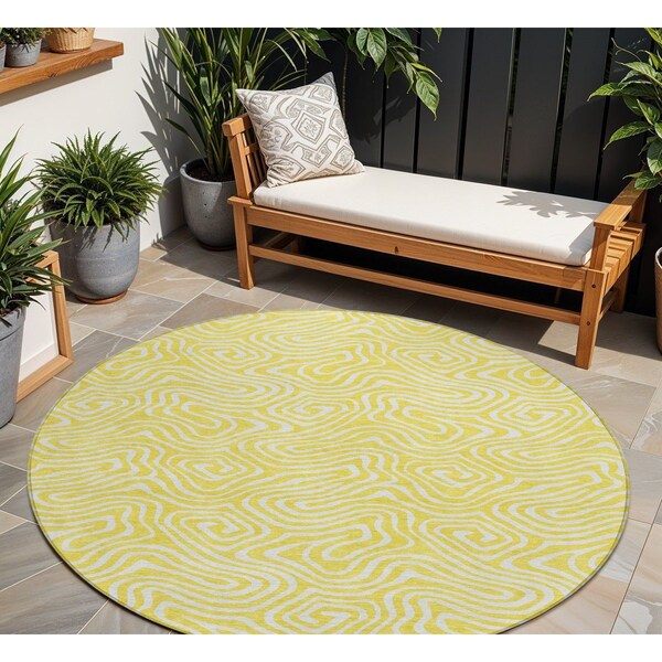 Homeroots 8' Yellow And Ivory Round Abstract Washable Indoor Outdoor Area Rug 599774 - main
