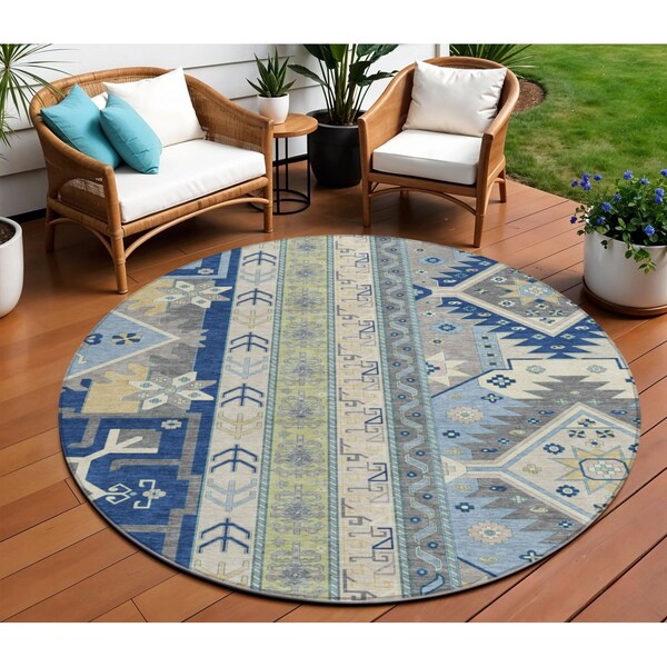 Homeroots 8' Navy Blue Green And Gray Round Aztec Washable Indoor Outdoor Area Rug 598486 - main