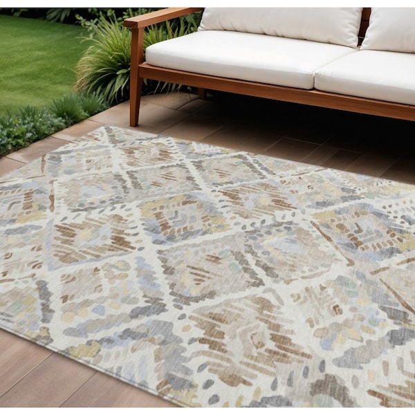 Homeroots 10' X 14' Ivory And Cream Geometric Washable Indoor Outdoor Area Rug 609141 - main