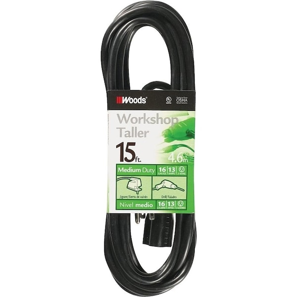 Southwire SJTW Extension Cord, 16 AWG, Outdoor, 16/3, Black, 15 ft 990261 - main