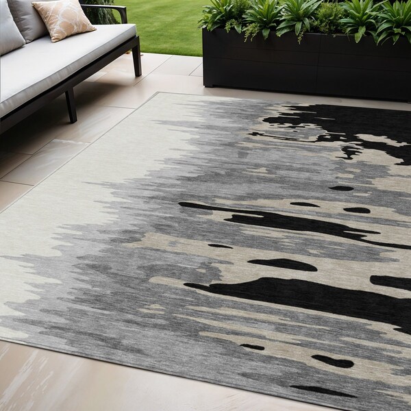 Homeroots 5' X 8' Black Gray And Ivory Abstract Washable Indoor Outdoor Area Rug 601177 - main