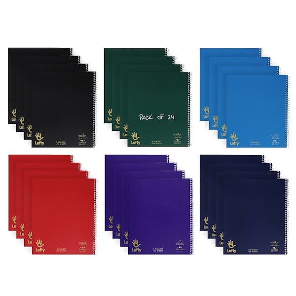 Roaring Spring Case of Lefty WB Left Handed Notebooks, 3 Sub, 11"x9", 120 sht, Right Side Wire, Asstd Colors, PK24 13506CS - main