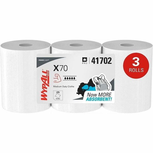 Wypall Power Clean X70 Medium Duty Cloths, Center Pull Roll, Long Lasting, White, 3 PK 41702 - main