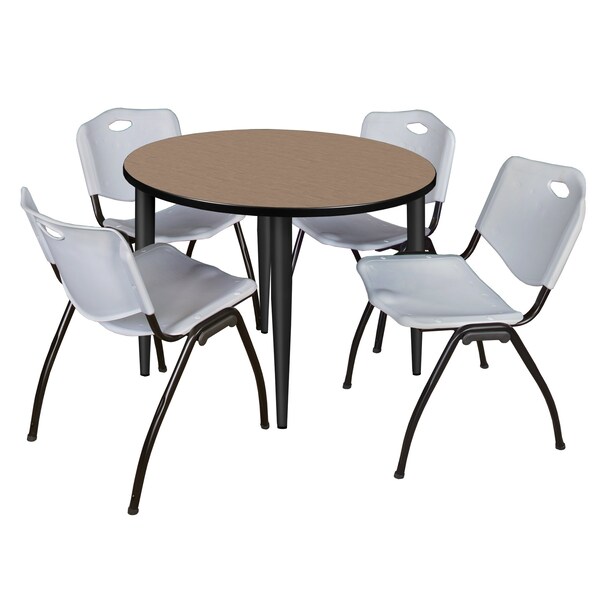 Regency Round Kahlo Breakroom Table W/ 4 M Stack Chairs, 42 in W, 42 in L, Noble Oak TPL42RNDNOBK47GY - main