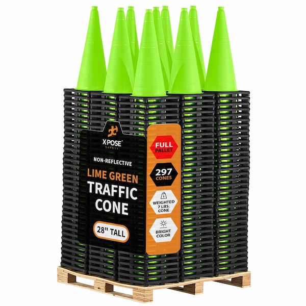 Xpose Safety Traffic Safety Cone, 28 in, Premium PVC, No Collar, Lime Green, Bulk Full Pallet (297), PK297 LTC28-FP297-X - main
