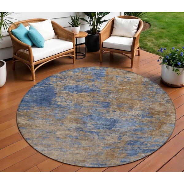 Homeroots 8' Navy Blue And Brown Round Abstract Washable Indoor Outdoor Area Rug 603595 - main