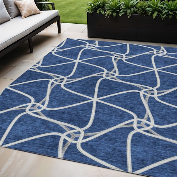 Homeroots 5' X 8' Blue And Ivory Geometric Washable Indoor Outdoor Area Rug 612864 - main