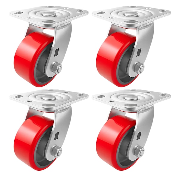 Hyw Products Heavy Duty Caster Set 4in Red Polyurethane on Cast Iron Wheels, 4 Swivel, 4PK 40-40S-A1-PC-4 (R) - main