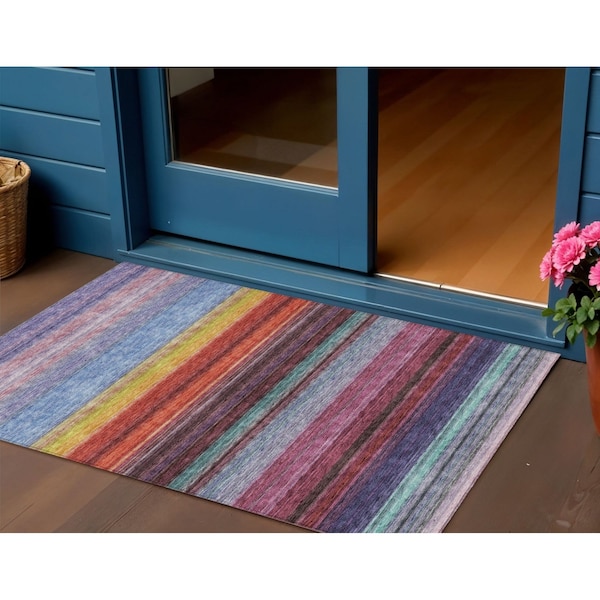 Homeroots 3' X 5' Lavender Blush And Blue Striped Washable Indoor Outdoor Area Rug 614809 - main