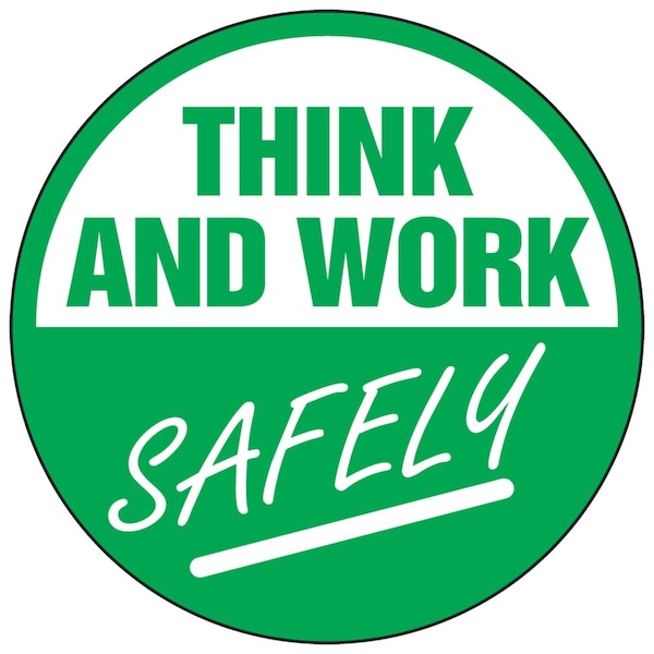 Accuform Hard Hat Sticker, 214 in Length, 214 in Width, THINK AND WORK SAFELY Legend, Adhesive Vinyl LHTL306 - main