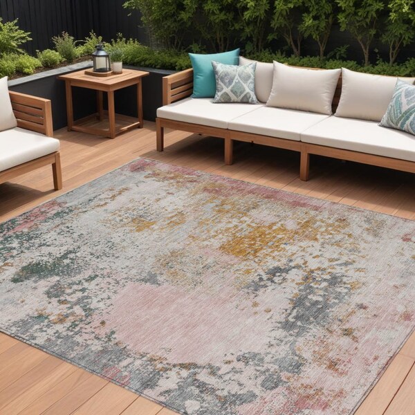 Homeroots 8' X 10' Pink Charcoal And Copper Abstract Washable Indoor Outdoor Area Rug 630804 - main