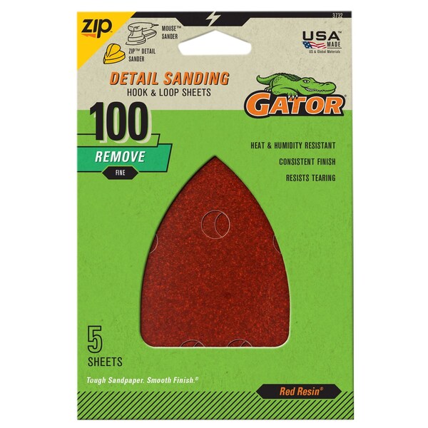 Gator Finishing Red Resin Detail Sanding Hook and Loop Sheets, 100 Grit, 5PK 3732 - main
