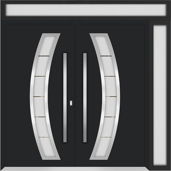 Vdomdoors Metal Double Doors Deux 6500 Black Enamel Frosted Glass 1 Sidelight and Top Transom Entry Modern Pa DEUX6500DEXD-BLK-W72+16xH96+14-LH-I - main