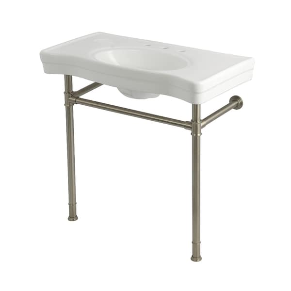 Kingston Brass 36" Ceramic Console Sink with Stainless Steel Legs, 8-Inch, 3-Hole, White/Brushed Nickel KVPB36198W388 - main