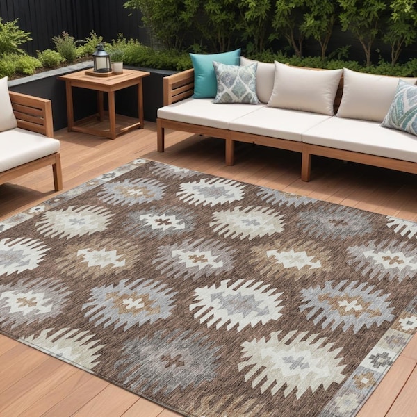 Homeroots 10' X 14' Brown Ivory And Taupe Southwestern Washable Indoor Outdoor Area Rug 615127 - main