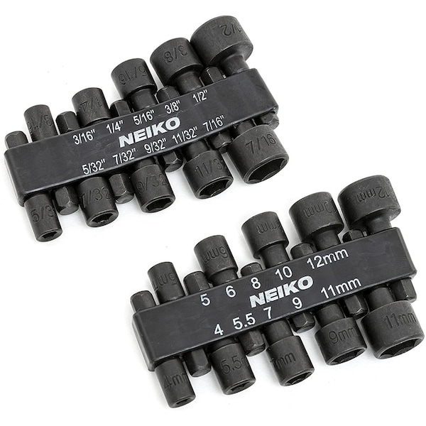Neiko 0.25 in Hex Nut Driver Set For Impact Drill and Driver, 20 Piece, 4-12 mm & 5/32 in-0.5 in 10068A - main