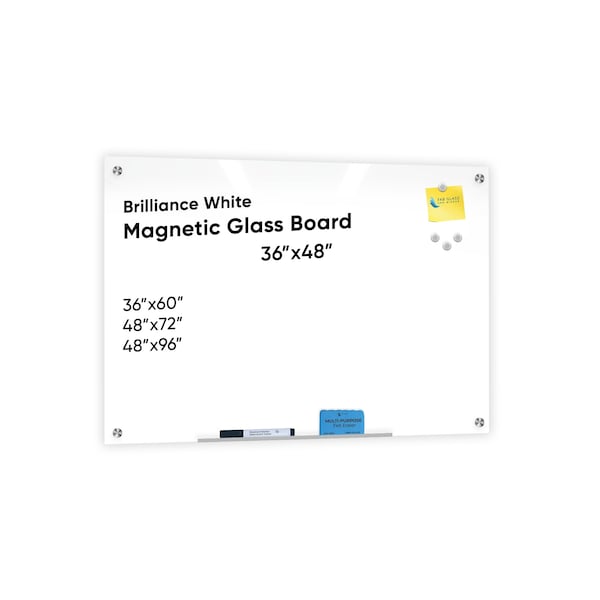 Fab Glass And Mirror Frameless Magnetic Glass Board 36in x48in, White Surface Glass Board - Includes Magnets, Markers MB36x48-SB601 - main