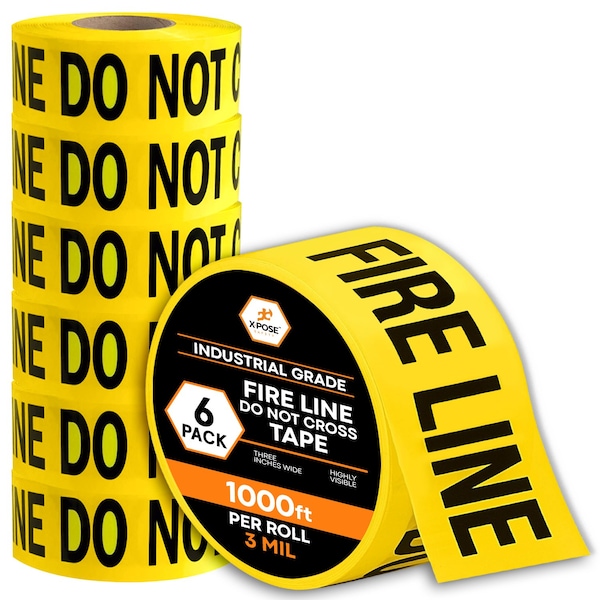 Xpose Safety Fire Line Do Not Cross Tape Roll, 3 Mil, 3 Inch Wide x 1000 Feet, Yellow w/Black Letters, 6PK PFLT-3M-6-X-S - main