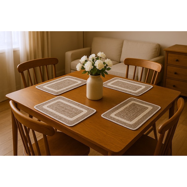 Homeroots 19" Set of Four Natural And Ivory Geometric Braided Jute Placemats 534183 - main