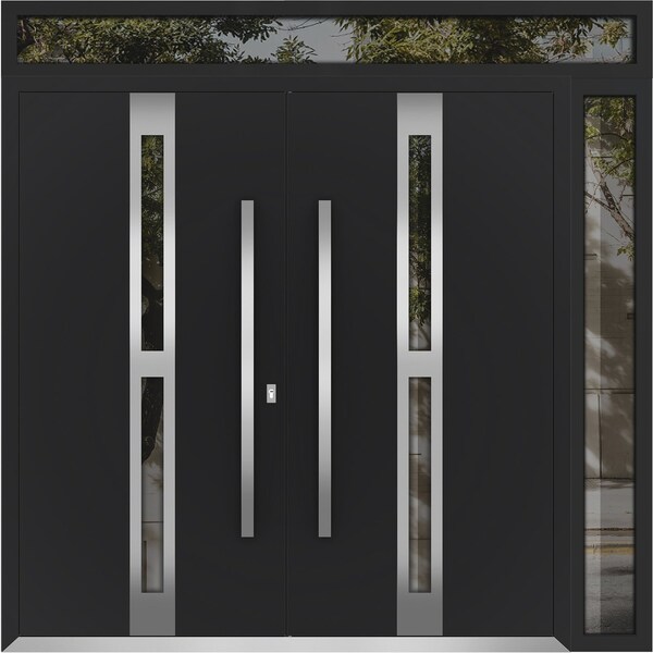 Vdomdoors Metal Double Doors Deux 1755 Black Enamel Opaque Black Glass 1 Sidelight and Top Transom Entry Mode DEUX1755DEXD-BLK-W72+14xH80+12-LH-I - main