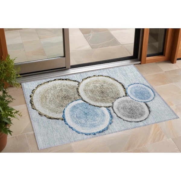 Homeroots 2' X 3' Blue Gold and Gray Faux Bois Washable Non Skid Indoor Outdoor Area Rug 564401 - main