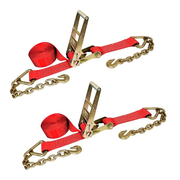 Tie 4 Safe 3'' x 30' Ratchet Strap w/ Chain Extension. WLL: 5,400 LBS Red, 2PK RT20R-1530-F87-R-C-2 - main