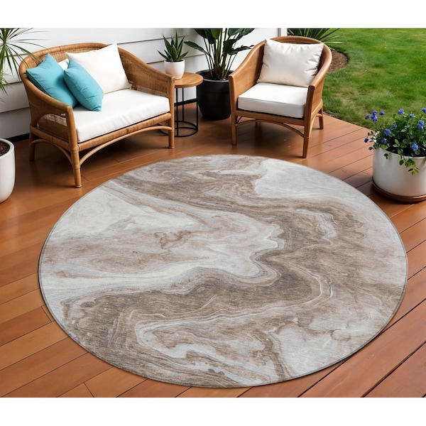Homeroots 8' Taupe And Silver Round Abstract Washable Indoor Outdoor Area Rug 618348 - main