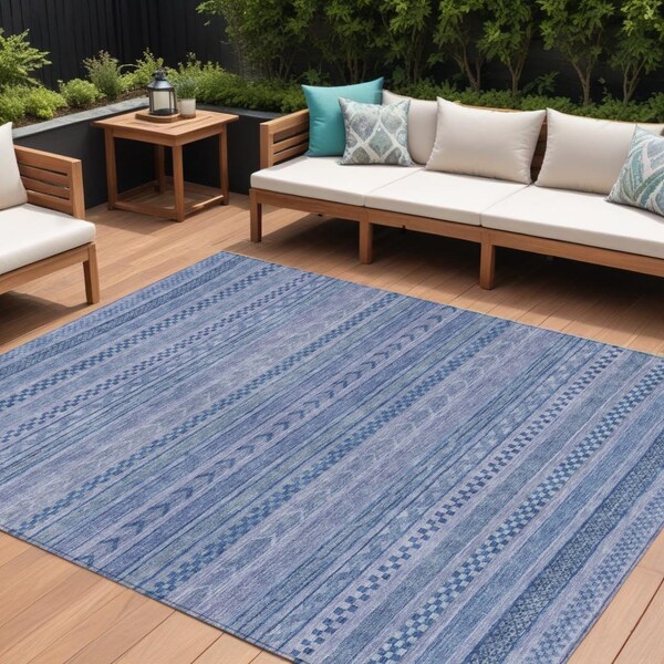 Homeroots 10' X 14' Denim Blue And Sky Blue Striped Washable Indoor Outdoor Area Rug 615349 - main