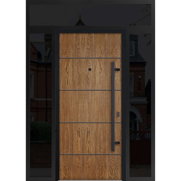 Vdomdoors Steel Door Deux 6683 Natural Oak 2 Sidelight and Transom Window Sidelite Entry Door Painted W14+36+ DEUX6683EXD-OAK-W14+36+14 X H80+16-LH-I - main