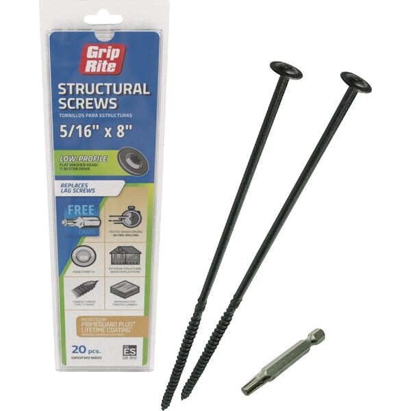Grip-Rite PrimeGuard Plus 5/16''x8'' Flat Washer Head Structure Screw, 20-Count GRSSFW516820 - main