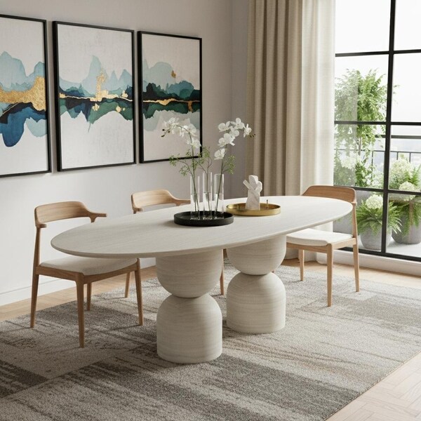 Homeroots 94" Beige Marble Double Pedestal Base Oval Dining Table 718901 - main
